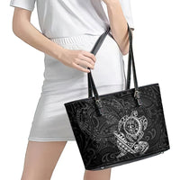 Hawaii Monk Seal and Dolphin Leather Tote Bag Polynesian Kakau Pattern Black White Color
