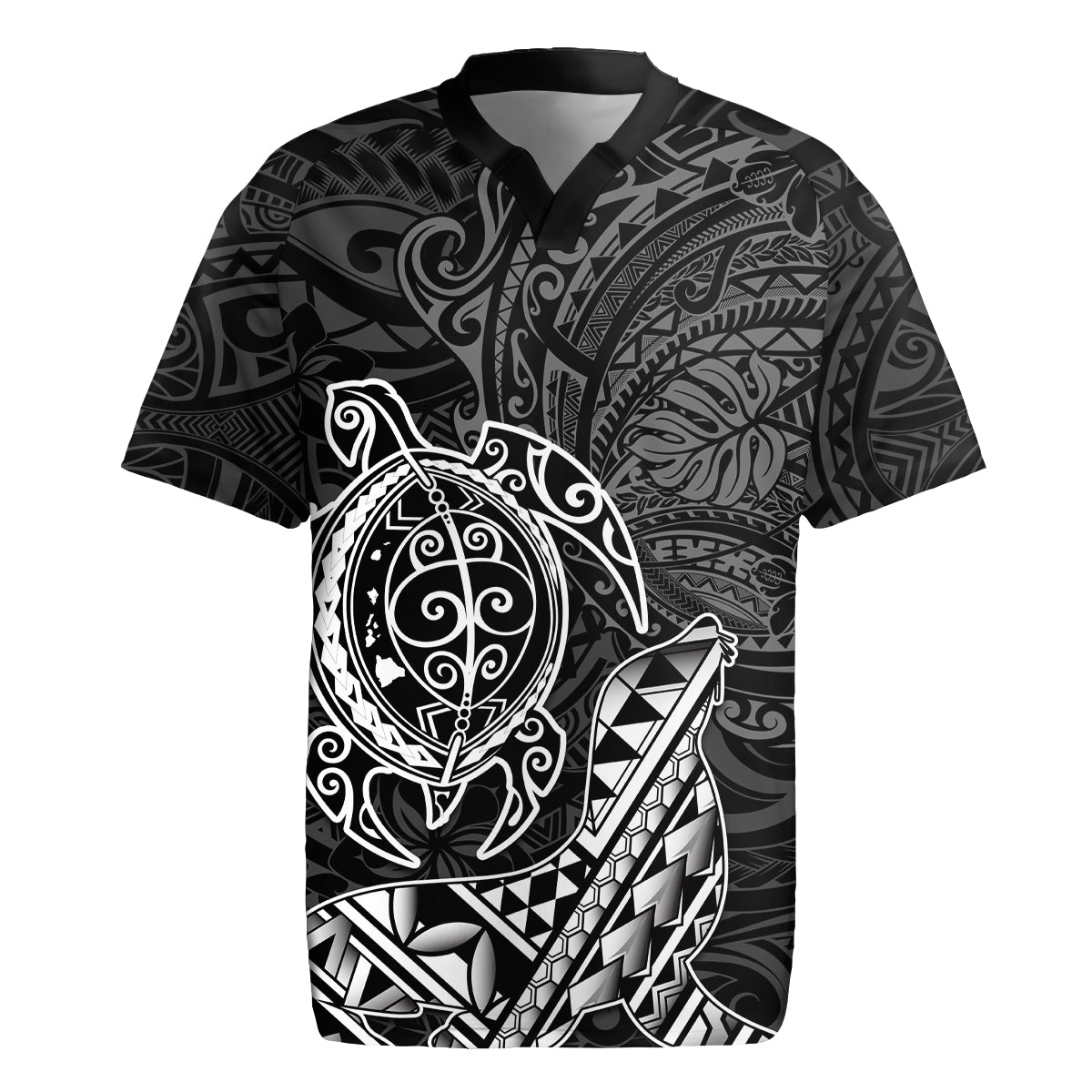 Hawaii Monk Seal and Dolphin Rugby Jersey Polynesian Kakau Pattern Black White Color