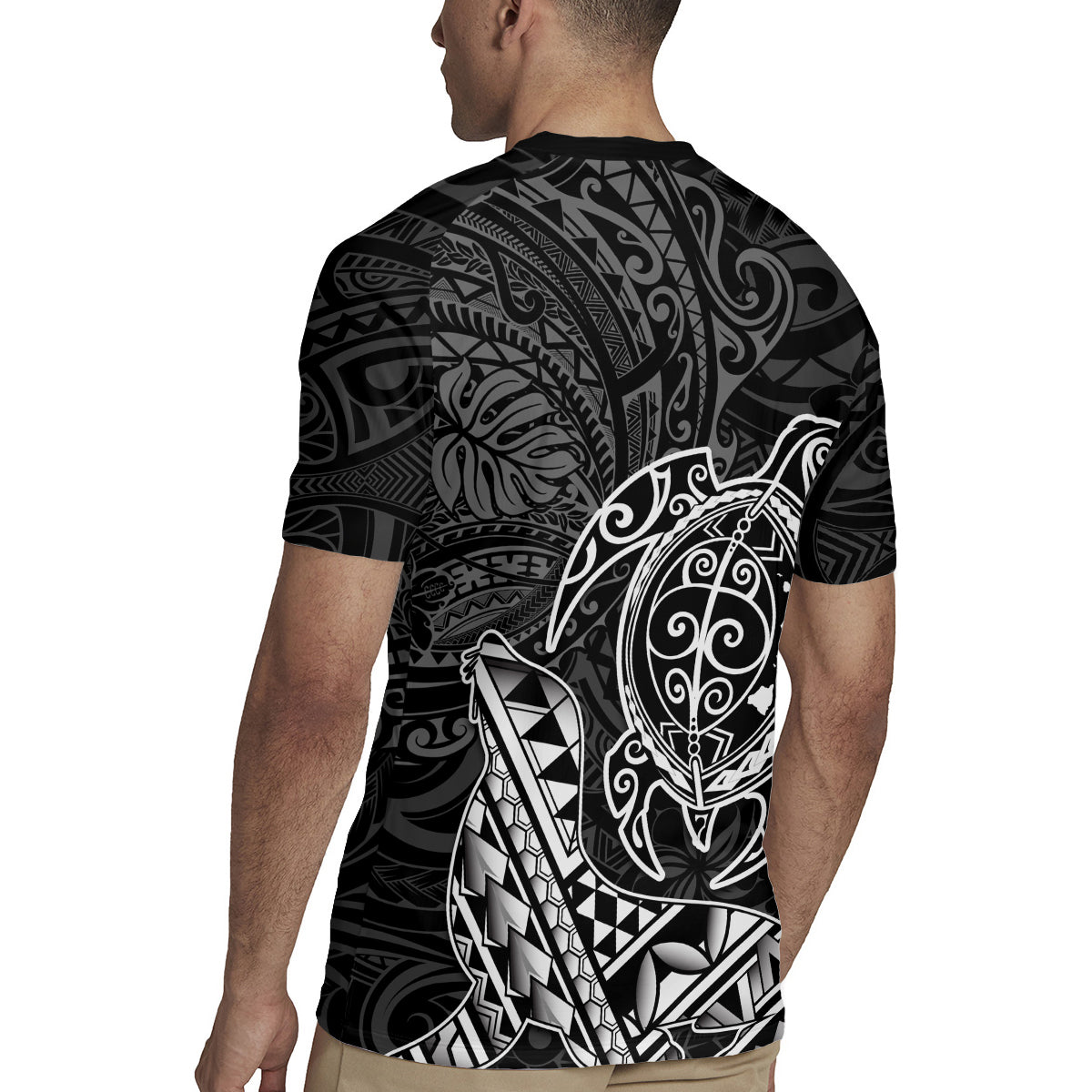 Hawaii Monk Seal and Dolphin Rugby Jersey Polynesian Kakau Pattern Black White Color