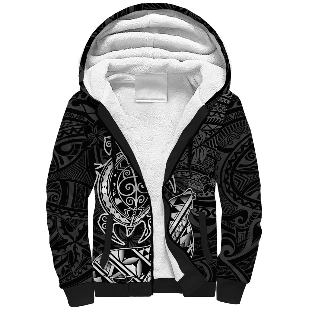 Hawaii Monk Seal and Dolphin Sherpa Hoodie Polynesian Kakau Pattern Black White Color