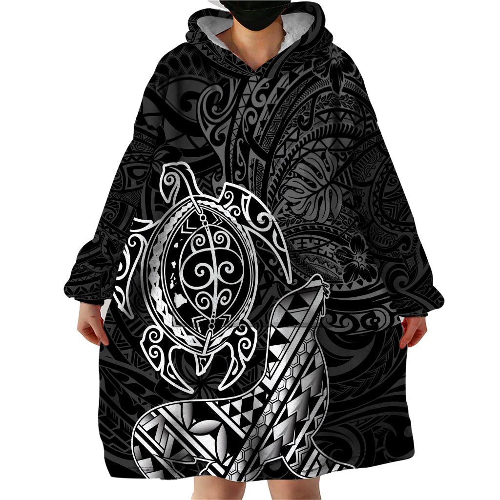 Hawaii Monk Seal and Dolphin Wearable Blanket Hoodie Polynesian Kakau Pattern Black White Color