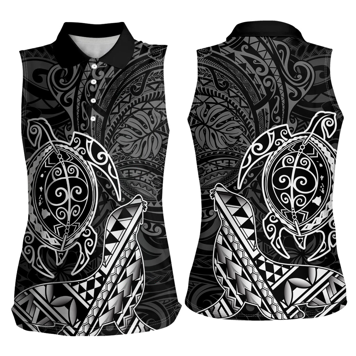 Hawaii Monk Seal and Dolphin Women Sleeveless Polo Shirt Polynesian Kakau Pattern Black White Color