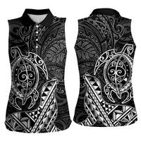 Hawaii Monk Seal and Dolphin Women Sleeveless Polo Shirt Polynesian Kakau Pattern Black White Color