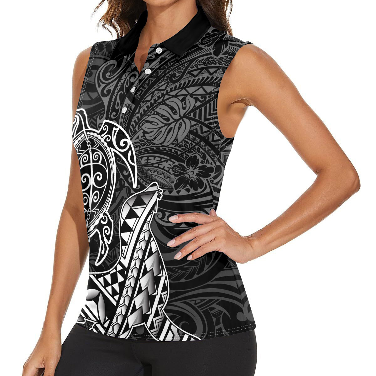Hawaii Monk Seal and Dolphin Women Sleeveless Polo Shirt Polynesian Kakau Pattern Black White Color