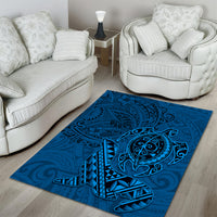 Hawaii Monk Seal and Dolphin Area Rug Polynesian Kakau Pattern Blue