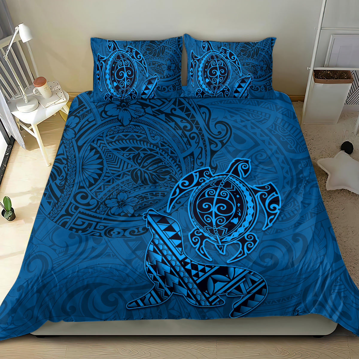 Hawaii Monk Seal and Dolphin Bedding Set Polynesian Kakau Pattern Blue