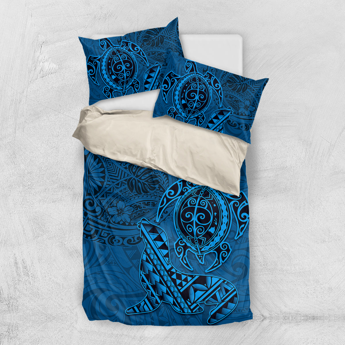 Hawaii Monk Seal and Dolphin Bedding Set Polynesian Kakau Pattern Blue