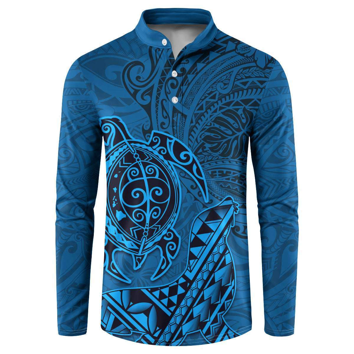 Hawaii Monk Seal and Dolphin Button Sweatshirt Polynesian Kakau Pattern Blue