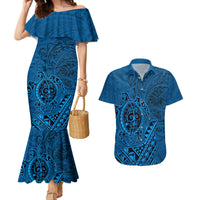Hawaii Monk Seal and Dolphin Couples Matching Mermaid Dress and Hawaiian Shirt Polynesian Kakau Pattern Blue