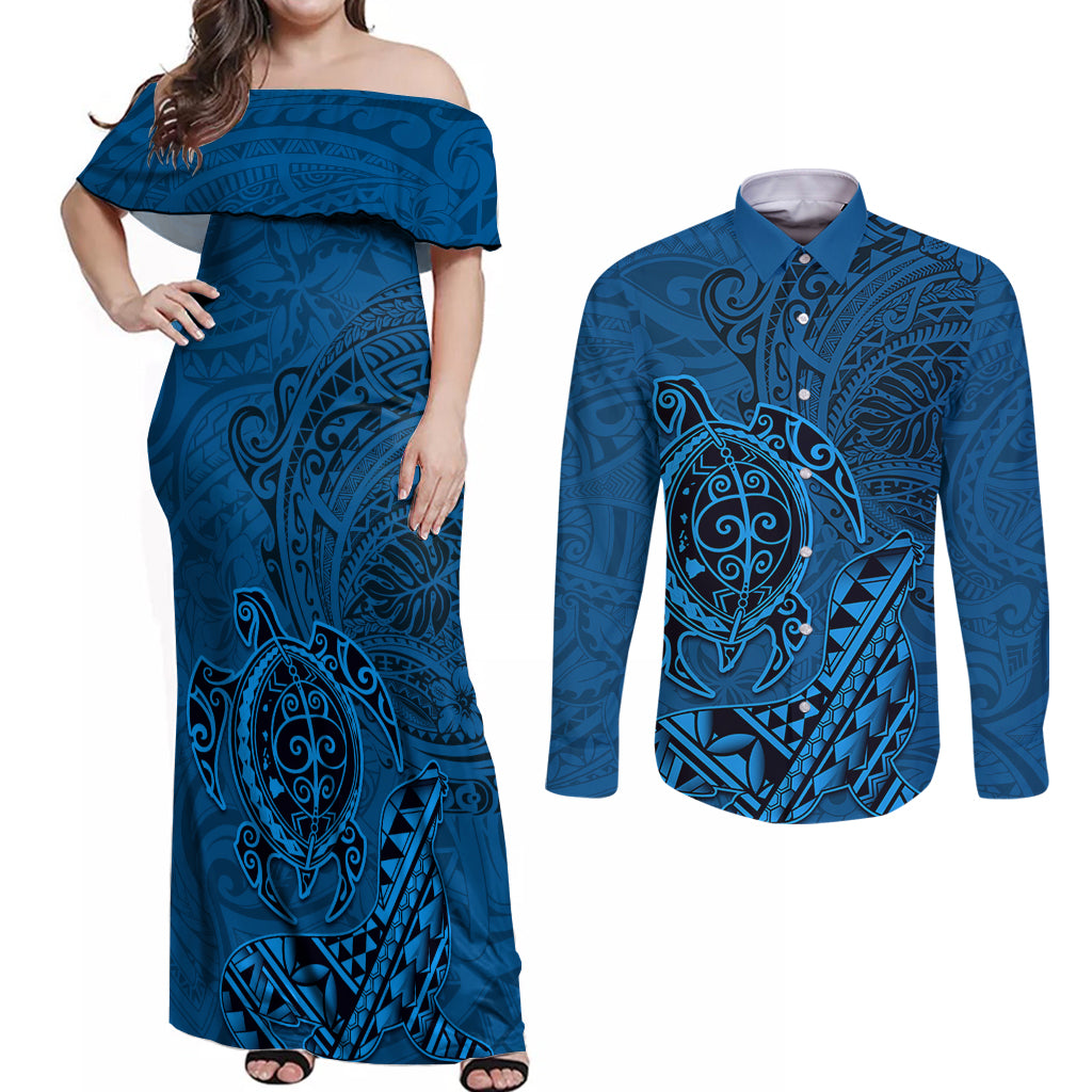 Hawaii Monk Seal and Dolphin Couples Matching Off Shoulder Maxi Dress and Long Sleeve Button Shirt Polynesian Kakau Pattern Blue