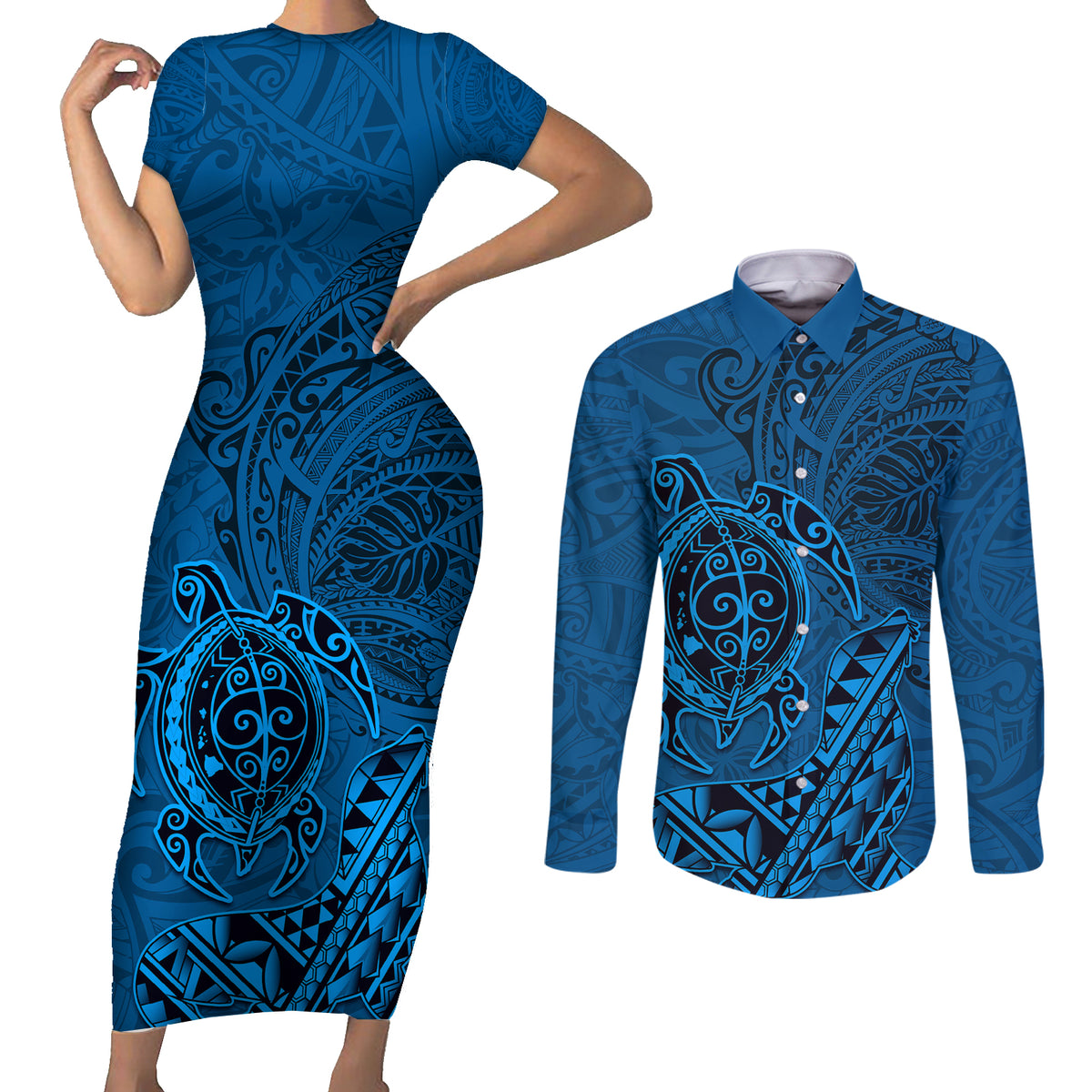Hawaii Monk Seal and Dolphin Couples Matching Short Sleeve Bodycon Dress and Long Sleeve Button Shirt Polynesian Kakau Pattern Blue