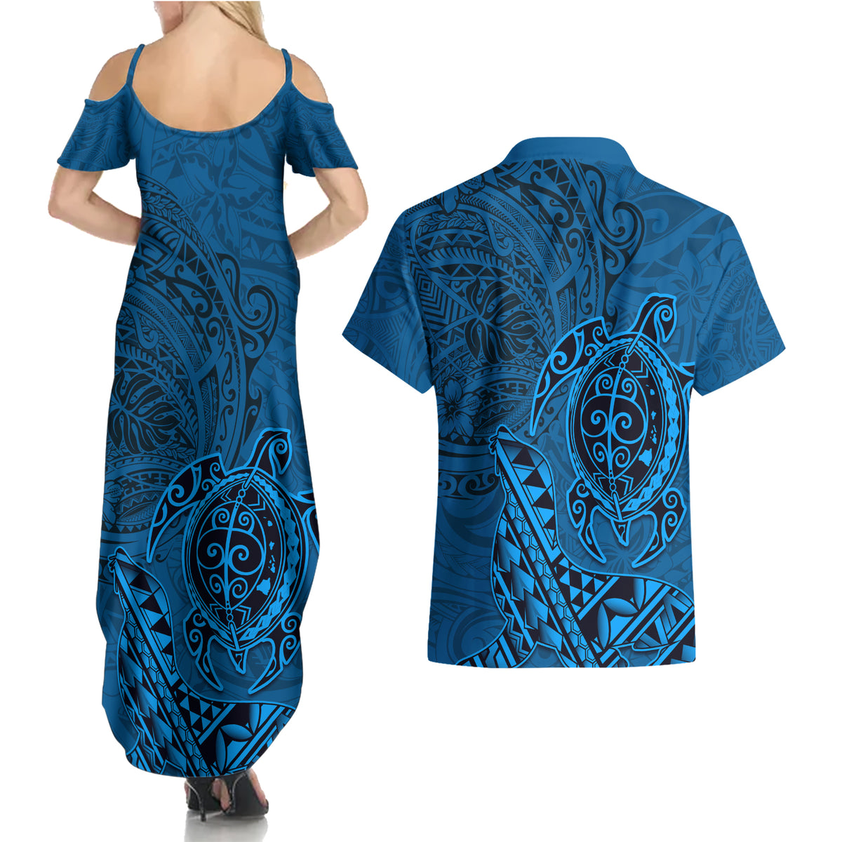 Hawaii Monk Seal and Dolphin Couples Matching Summer Maxi Dress and Hawaiian Shirt Polynesian Kakau Pattern Blue