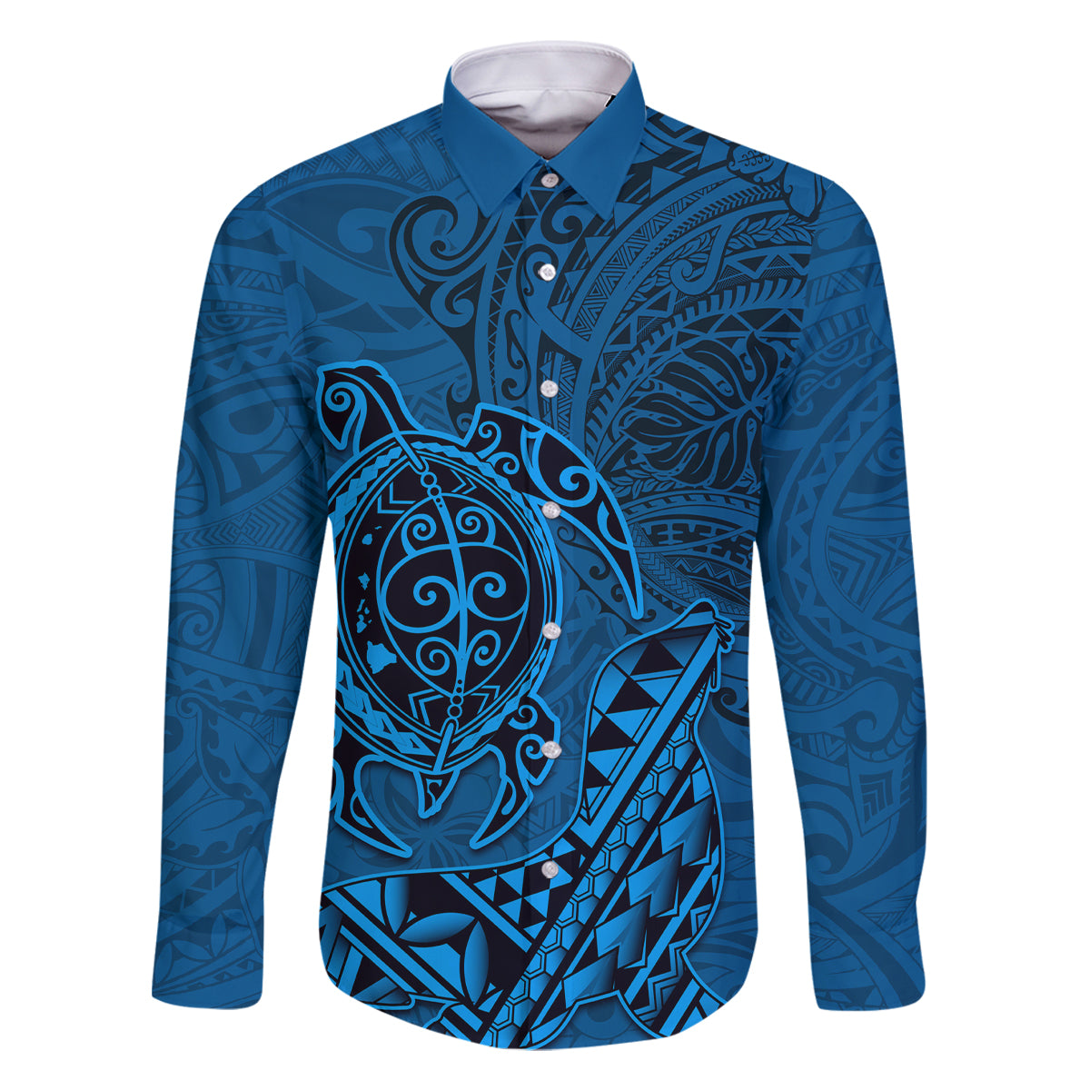 Hawaii Monk Seal and Dolphin Family Matching Long Sleeve Bodycon Dress and Hawaiian Shirt Polynesian Kakau Pattern Blue