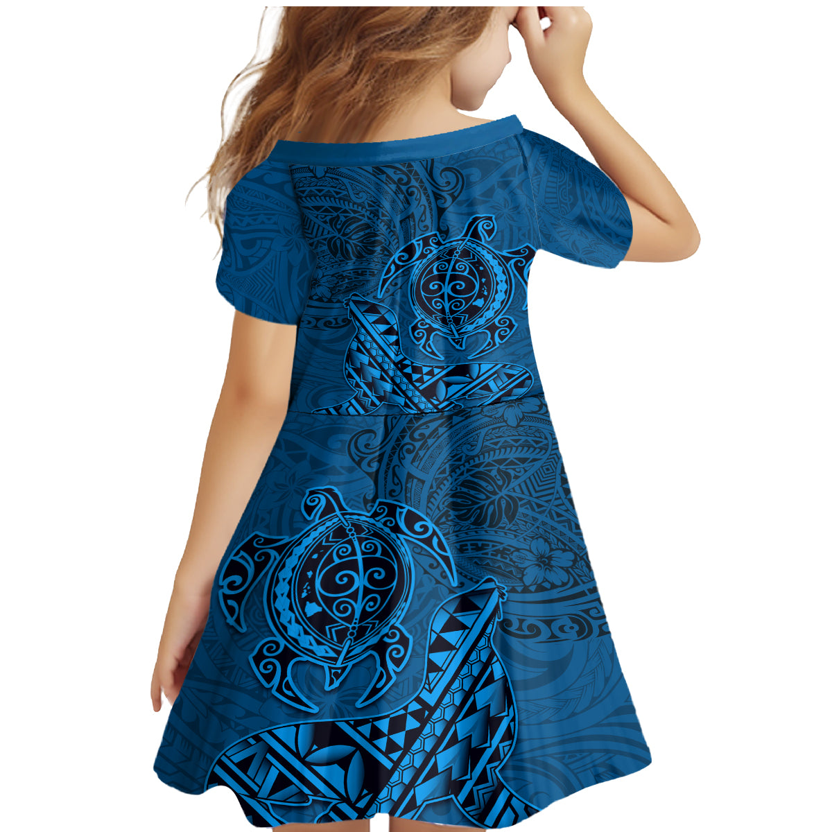 Hawaii Monk Seal and Dolphin Family Matching Mermaid Dress and Hawaiian Shirt Polynesian Kakau Pattern Blue