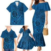 Hawaii Monk Seal and Dolphin Family Matching Mermaid Dress and Hawaiian Shirt Polynesian Kakau Pattern Blue