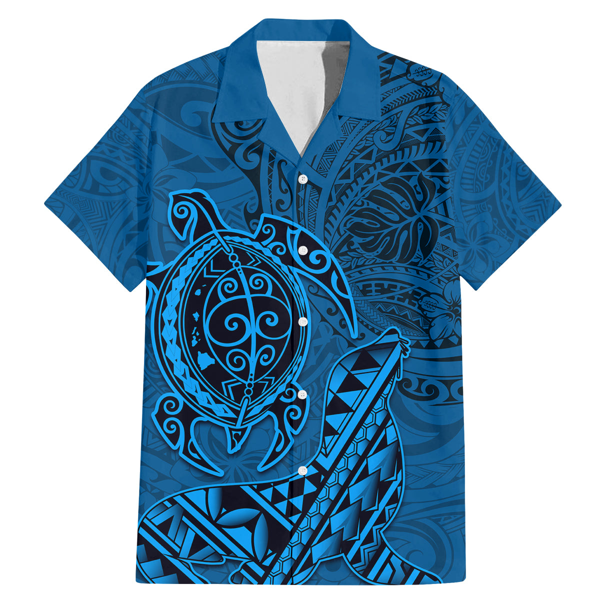 Hawaii Monk Seal and Dolphin Family Matching Mermaid Dress and Hawaiian Shirt Polynesian Kakau Pattern Blue