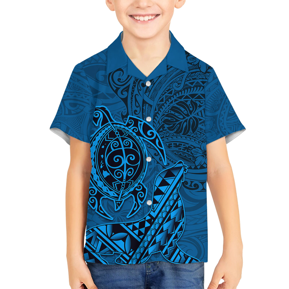 Hawaii Monk Seal and Dolphin Family Matching Off Shoulder Short Dress and Hawaiian Shirt Polynesian Kakau Pattern Blue