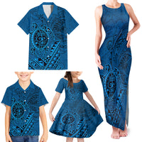 Hawaii Monk Seal and Dolphin Family Matching Tank Maxi Dress and Hawaiian Shirt Polynesian Kakau Pattern Blue