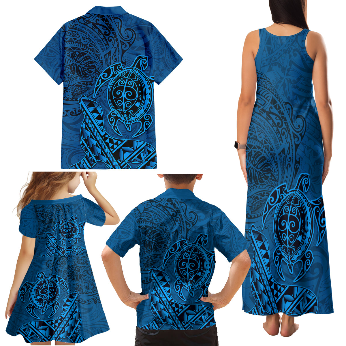 Hawaii Monk Seal and Dolphin Family Matching Tank Maxi Dress and Hawaiian Shirt Polynesian Kakau Pattern Blue