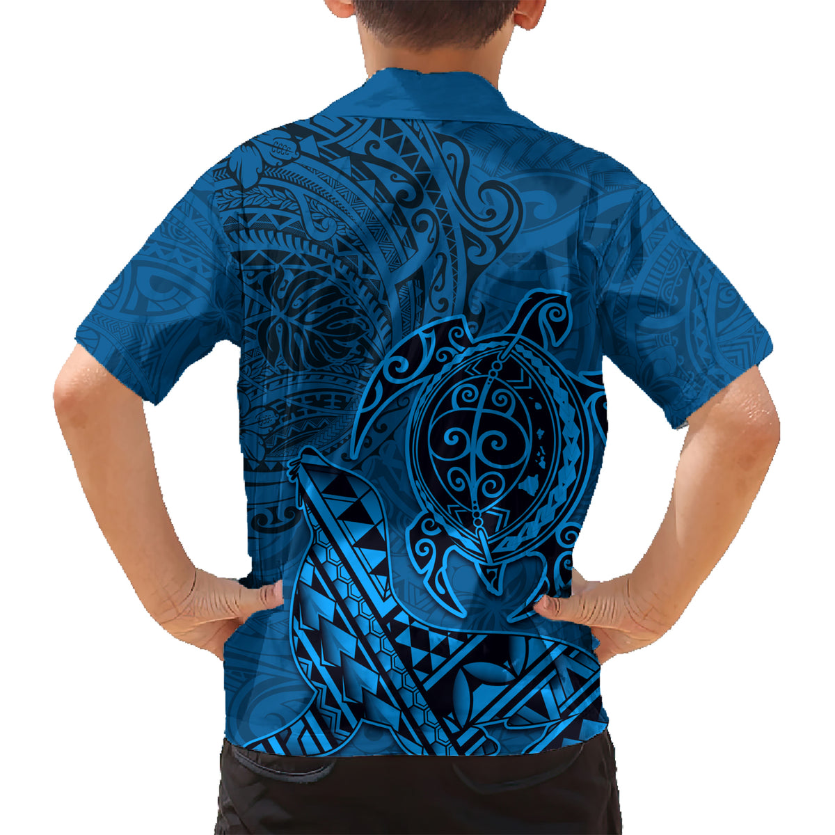 Hawaii Monk Seal and Dolphin Kid Hawaiian Shirt Polynesian Kakau Pattern Blue