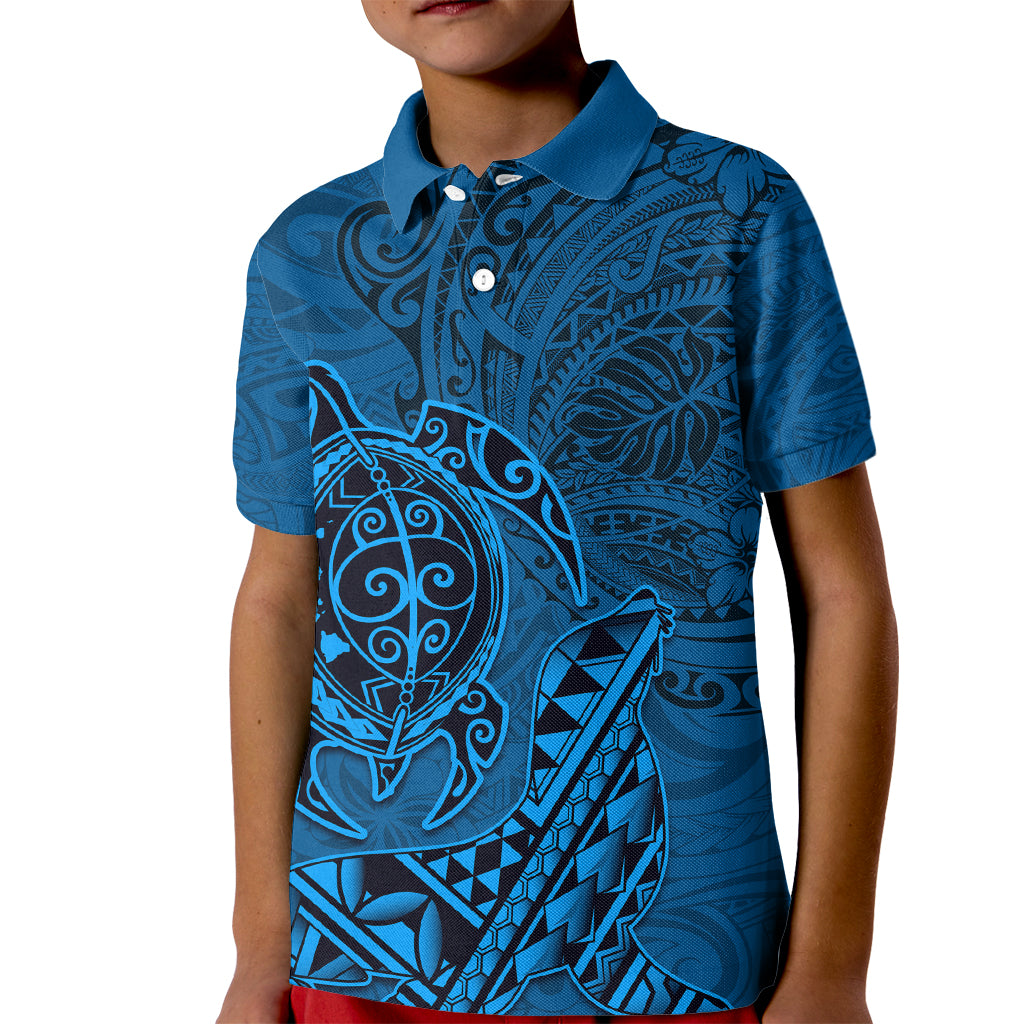 Hawaii Monk Seal and Dolphin Kid Polo Shirt Polynesian Kakau Pattern Blue
