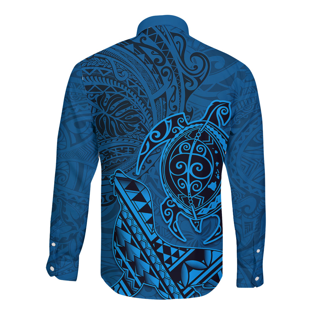 Hawaii Monk Seal and Dolphin Long Sleeve Button Shirt Polynesian Kakau Pattern Blue