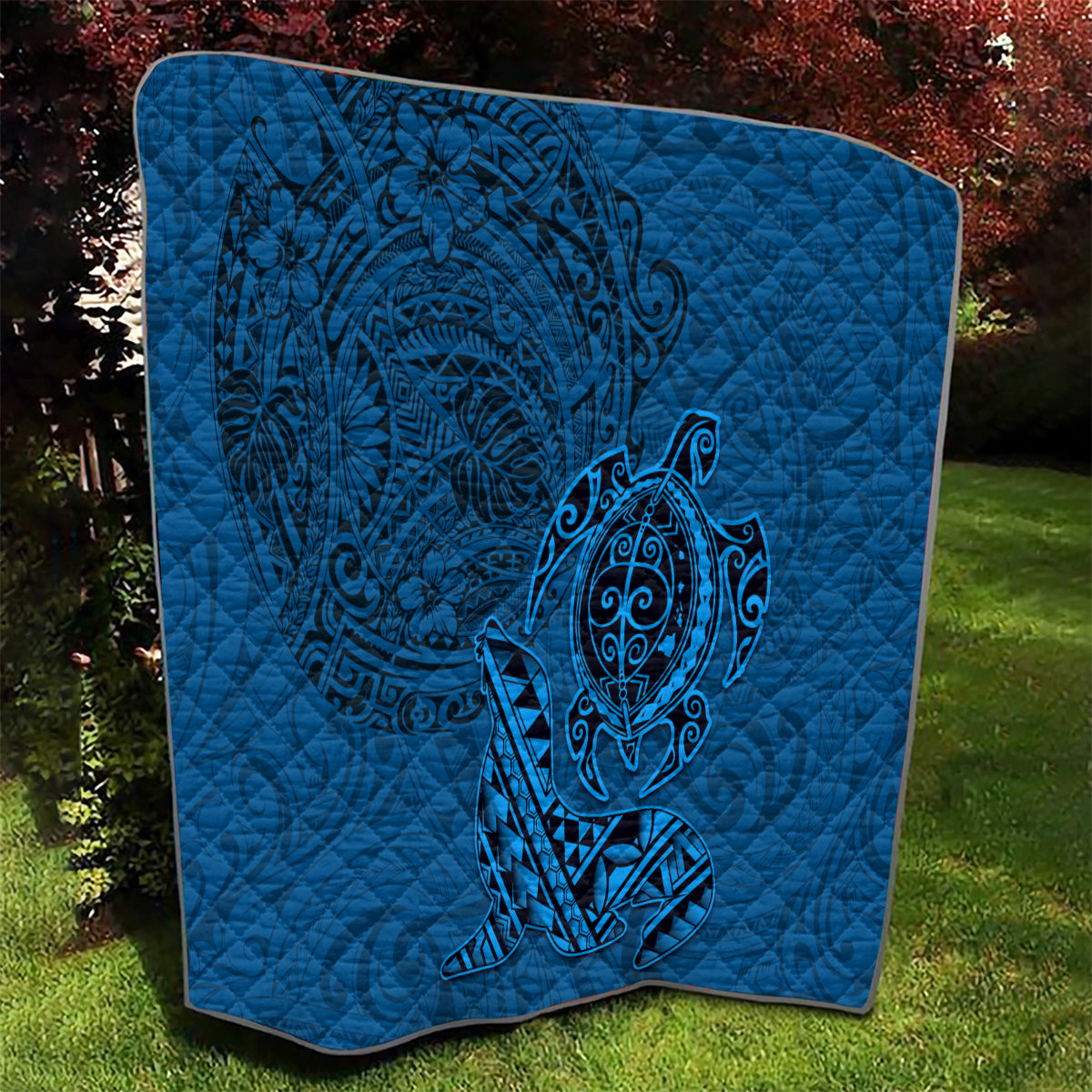 Hawaii Monk Seal and Dolphin Quilt Polynesian Kakau Pattern Blue