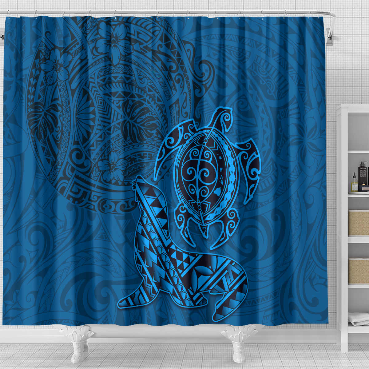 Hawaii Monk Seal and Dolphin Shower Curtain Polynesian Kakau Pattern Blue