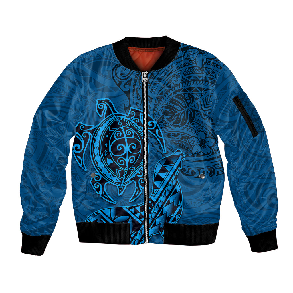 Hawaii Monk Seal and Dolphin Sleeve Zip Bomber Jacket Polynesian Kakau Pattern Blue