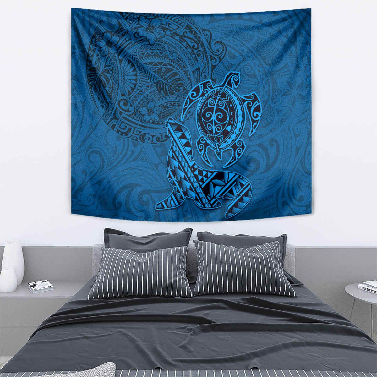 Hawaii Monk Seal and Dolphin Tapestry Polynesian Kakau Pattern Blue