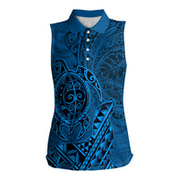 Hawaii Monk Seal and Dolphin Women Sleeveless Polo Shirt Polynesian Kakau Pattern Blue