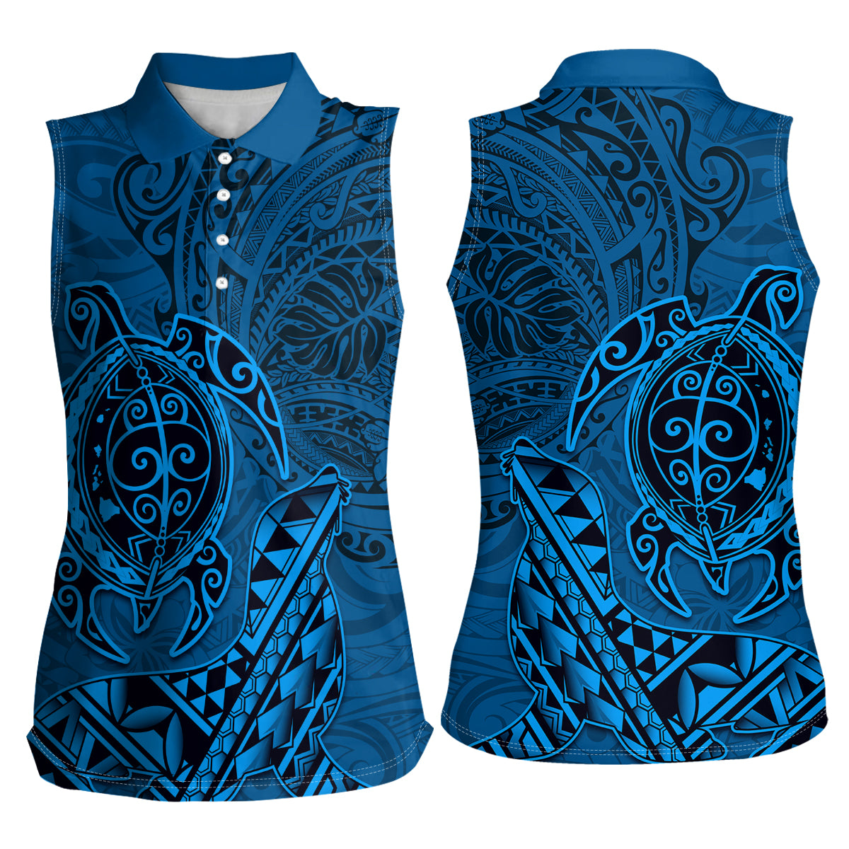 Hawaii Monk Seal and Dolphin Women Sleeveless Polo Shirt Polynesian Kakau Pattern Blue