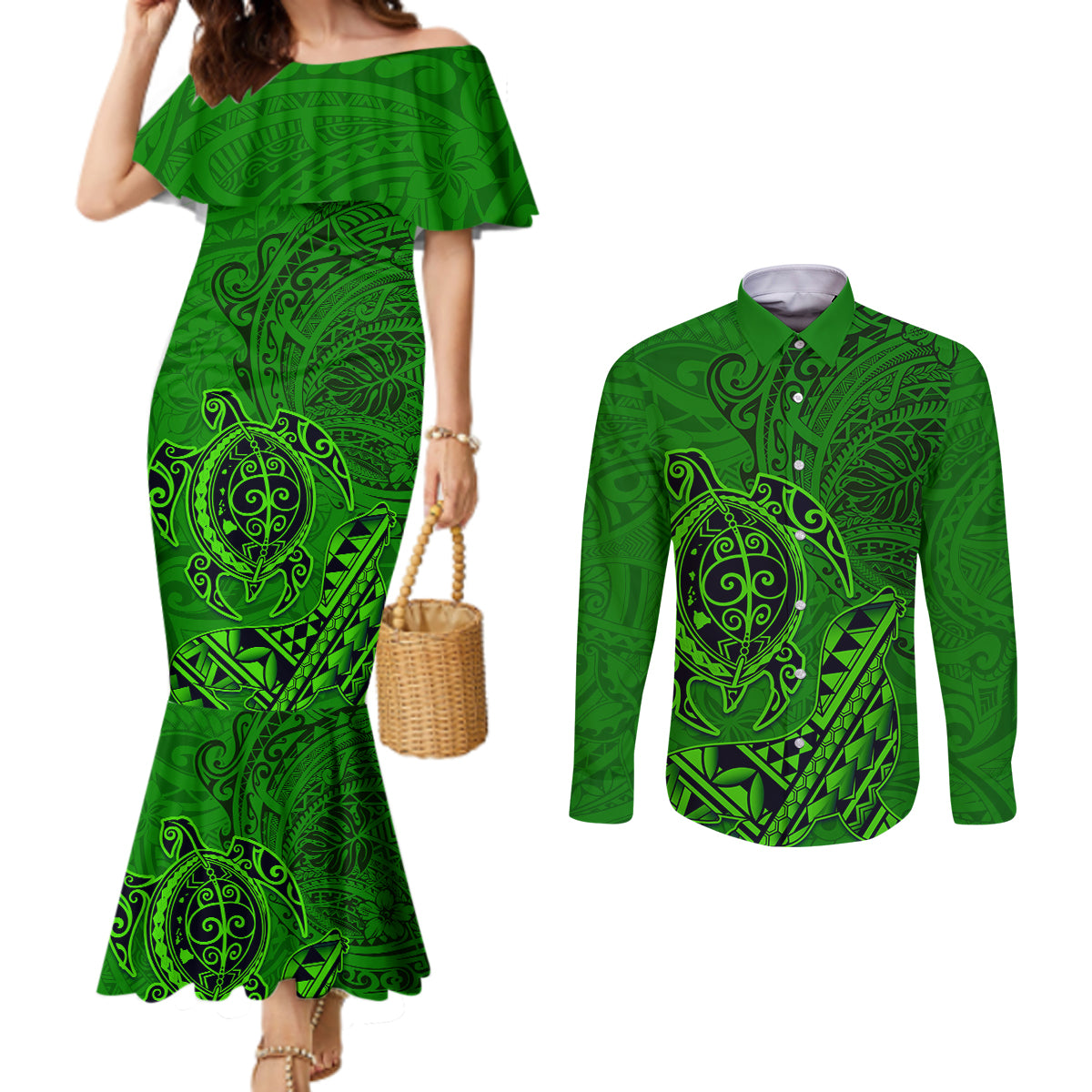 Hawaii Monk Seal and Dolphin Couples Matching Mermaid Dress and Long Sleeve Button Shirt Polynesian Kakau Pattern Green
