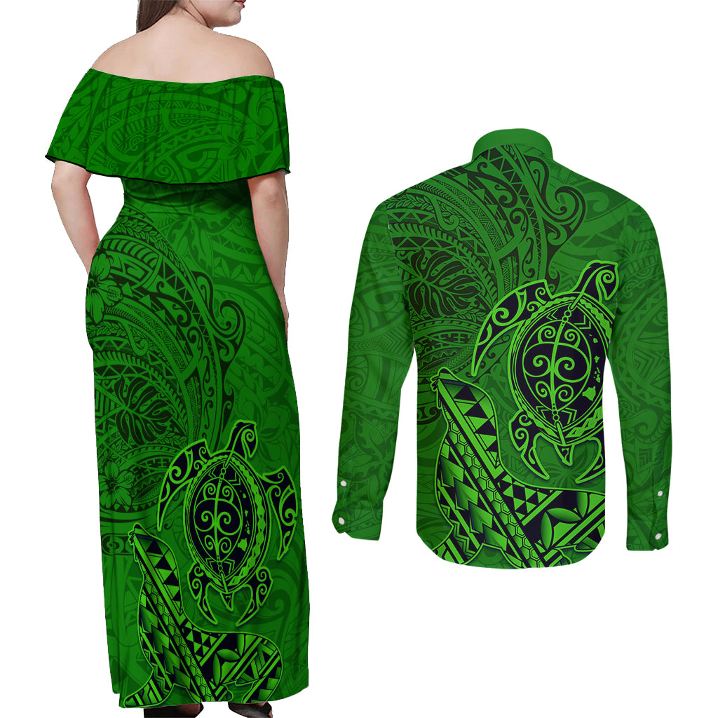Hawaii Monk Seal and Dolphin Couples Matching Off Shoulder Maxi Dress and Long Sleeve Button Shirt Polynesian Kakau Pattern Green
