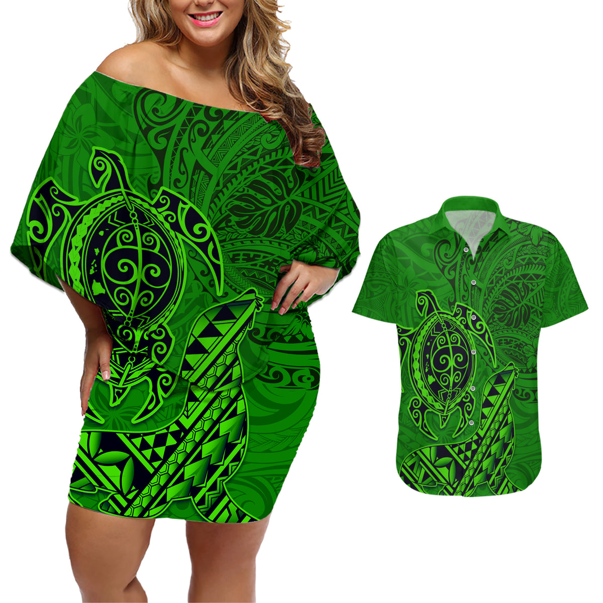 Hawaii Monk Seal and Dolphin Couples Matching Off Shoulder Short Dress and Hawaiian Shirt Polynesian Kakau Pattern Green
