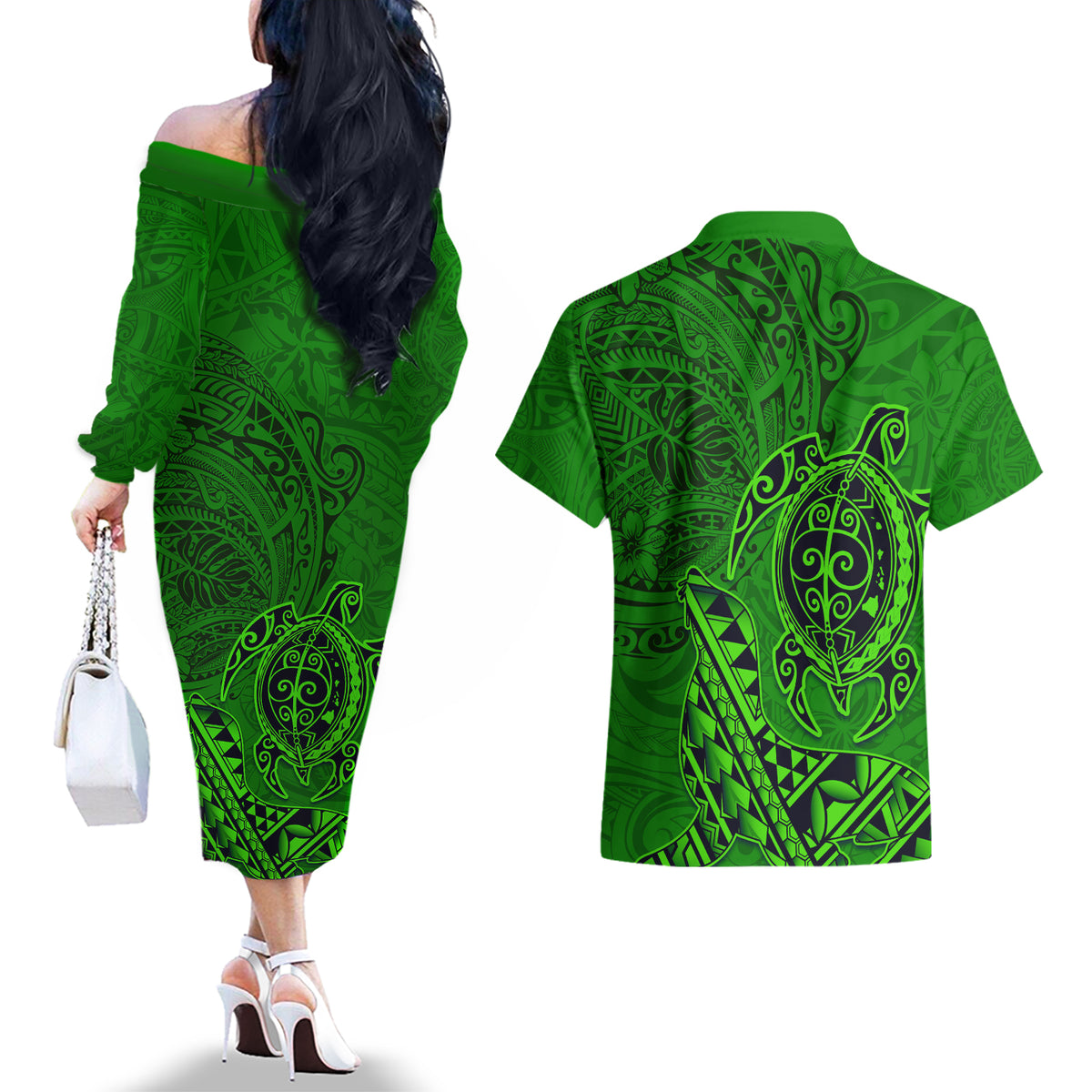 Hawaii Monk Seal and Dolphin Couples Matching Off The Shoulder Long Sleeve Dress and Hawaiian Shirt Polynesian Kakau Pattern Green