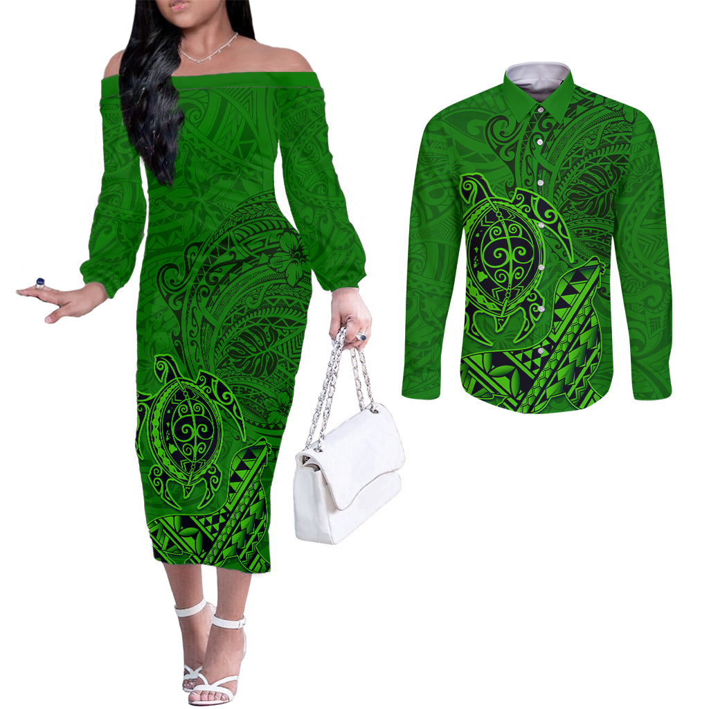 Hawaii Monk Seal and Dolphin Couples Matching Off The Shoulder Long Sleeve Dress and Long Sleeve Button Shirt Polynesian Kakau Pattern Green