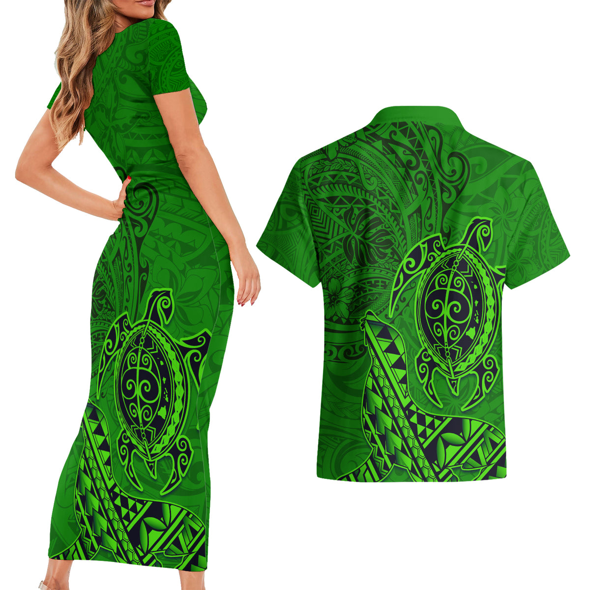 Hawaii Monk Seal and Dolphin Couples Matching Short Sleeve Bodycon Dress and Hawaiian Shirt Polynesian Kakau Pattern Green