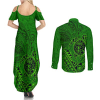 Hawaii Monk Seal and Dolphin Couples Matching Summer Maxi Dress and Long Sleeve Button Shirt Polynesian Kakau Pattern Green