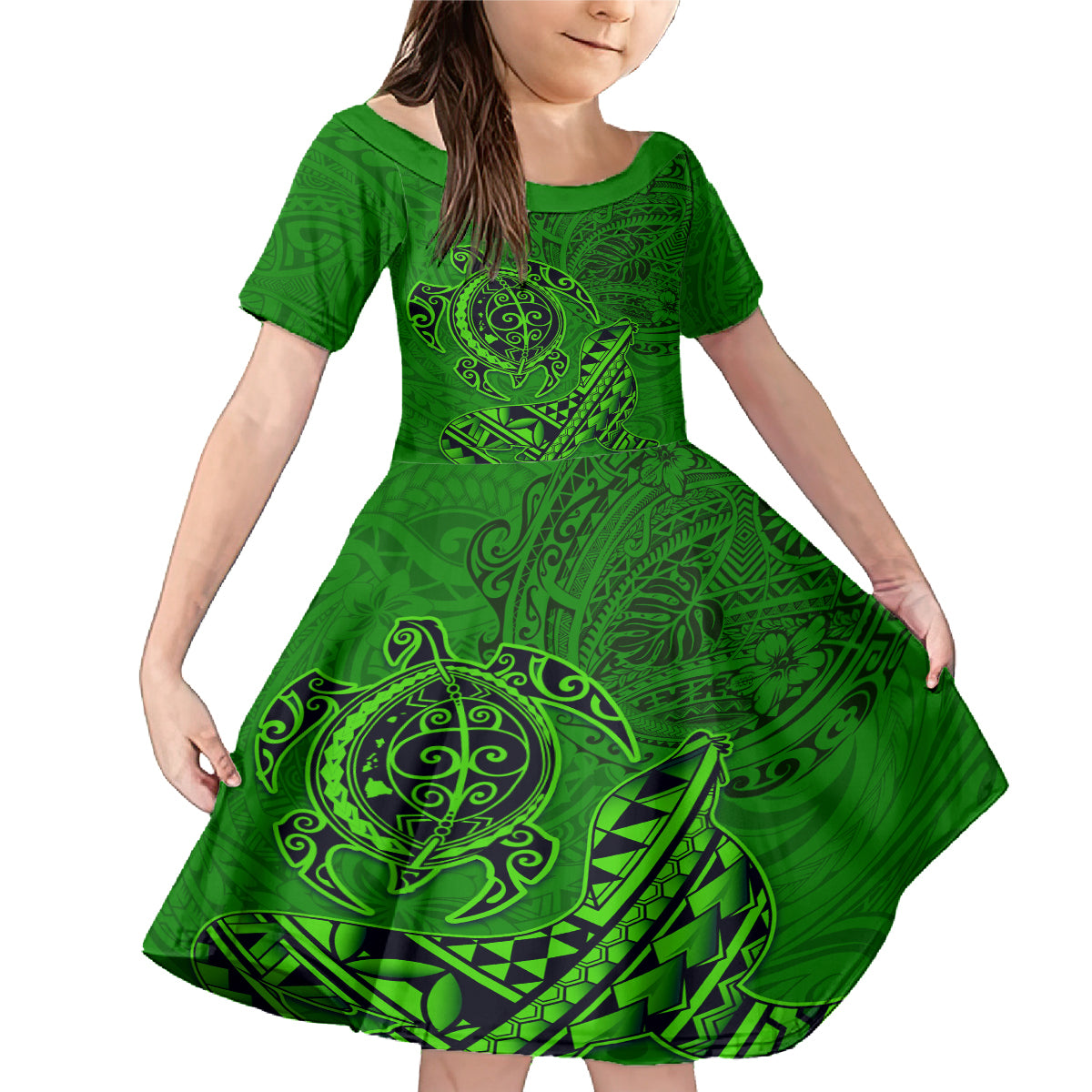 Hawaii Monk Seal and Dolphin Family Matching Mermaid Dress and Hawaiian Shirt Polynesian Kakau Pattern Green