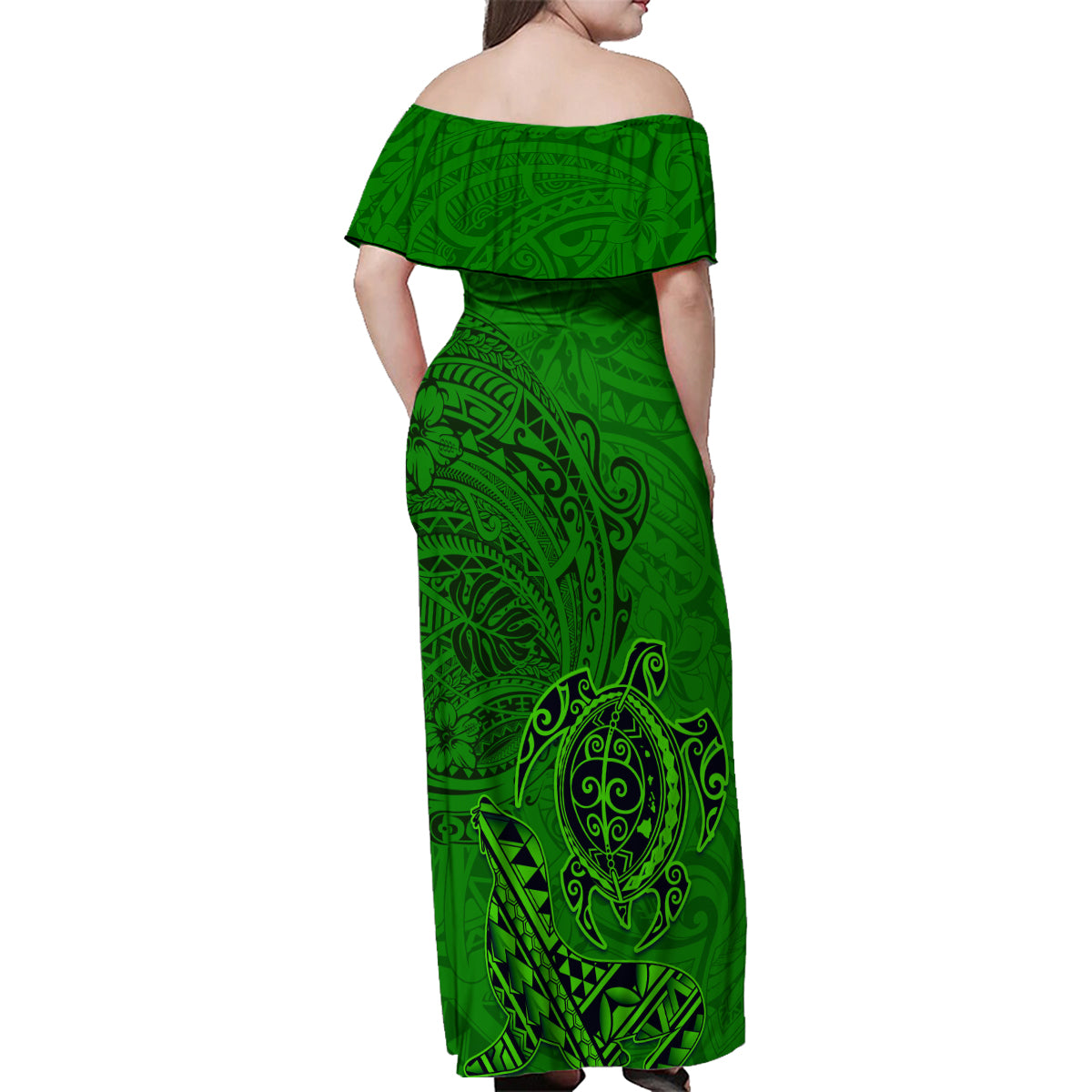 Hawaii Monk Seal and Dolphin Family Matching Off Shoulder Maxi Dress and Hawaiian Shirt Polynesian Kakau Pattern Green