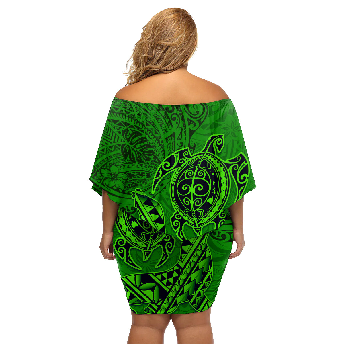 Hawaii Monk Seal and Dolphin Family Matching Off Shoulder Short Dress and Hawaiian Shirt Polynesian Kakau Pattern Green