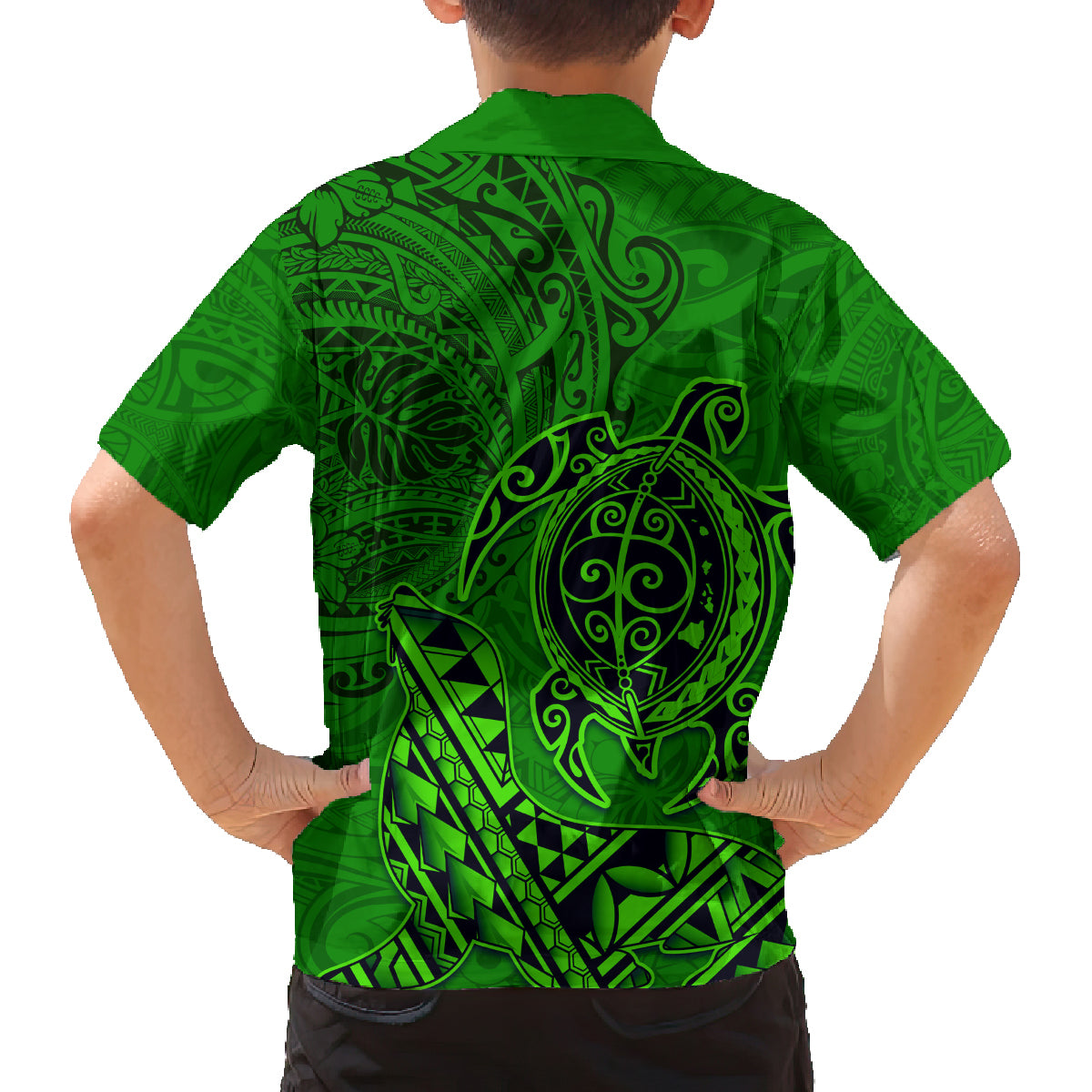 Hawaii Monk Seal and Dolphin Family Matching Puletasi and Hawaiian Shirt Polynesian Kakau Pattern Green