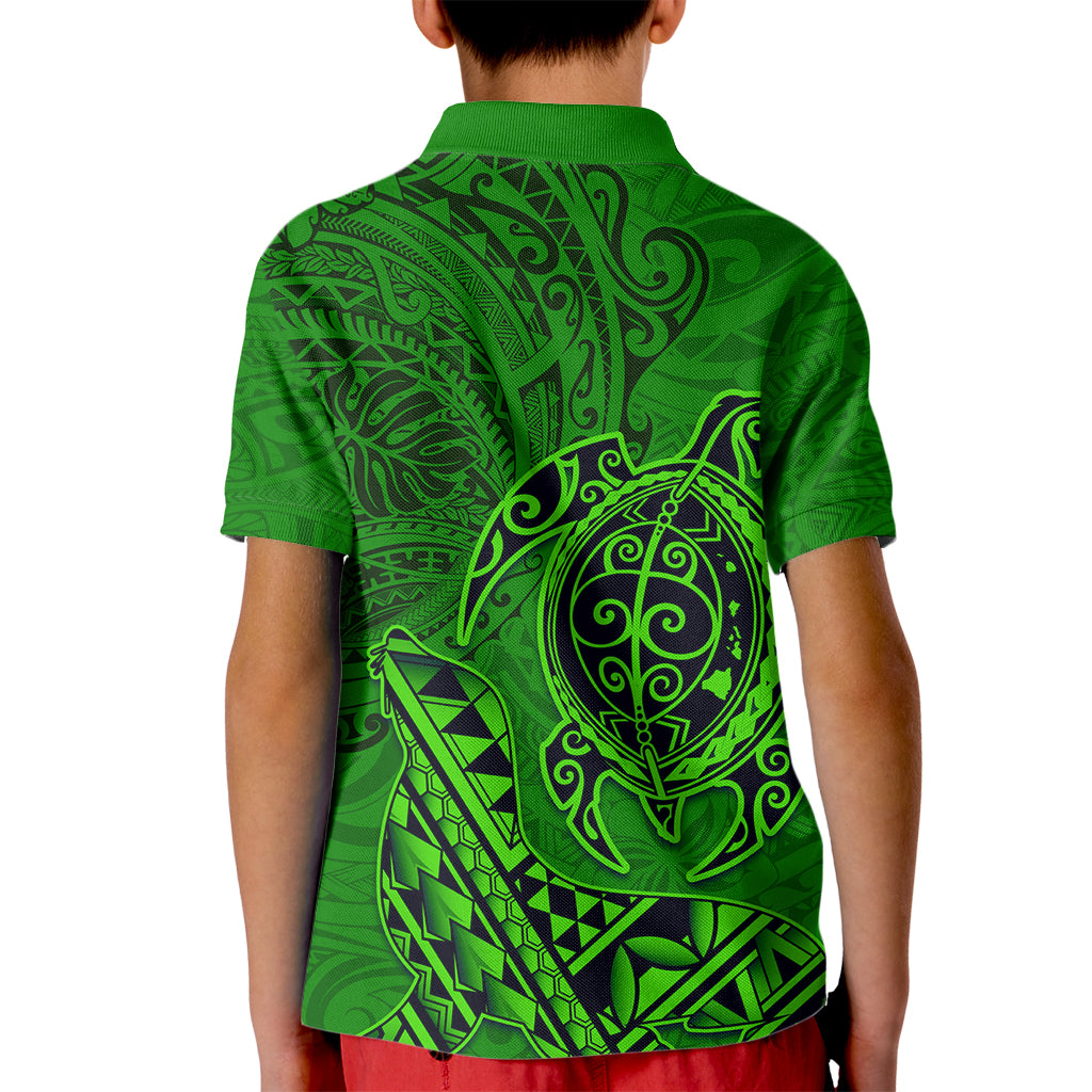 Hawaii Monk Seal and Dolphin Kid Polo Shirt Polynesian Kakau Pattern Green