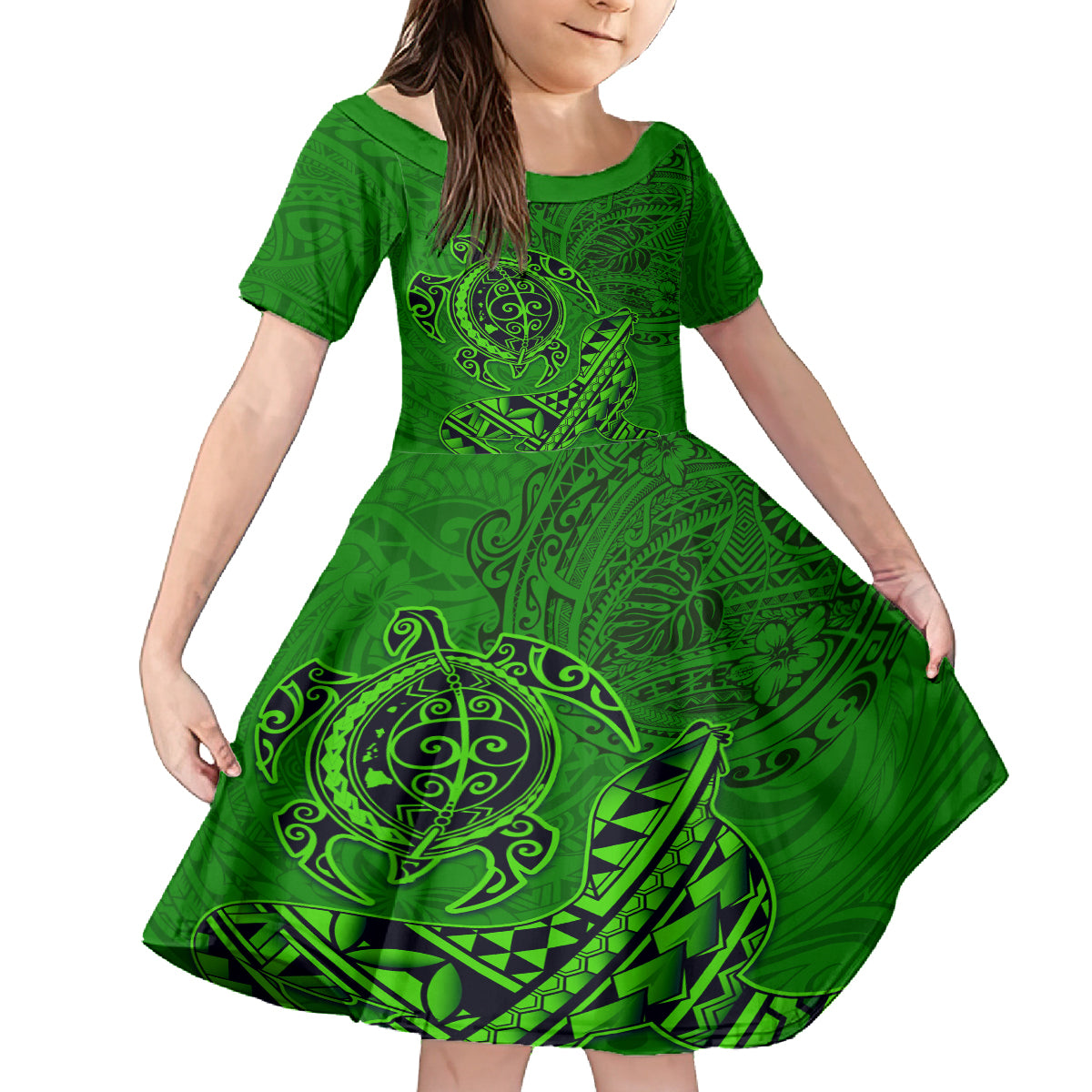 Hawaii Monk Seal and Dolphin Kid Short Sleeve Dress Polynesian Kakau Pattern Green