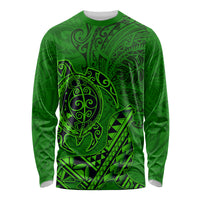 Hawaii Monk Seal and Dolphin Long Sleeve Shirt Polynesian Kakau Pattern Green