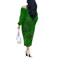 Hawaii Monk Seal and Dolphin Off The Shoulder Long Sleeve Dress Polynesian Kakau Pattern Green