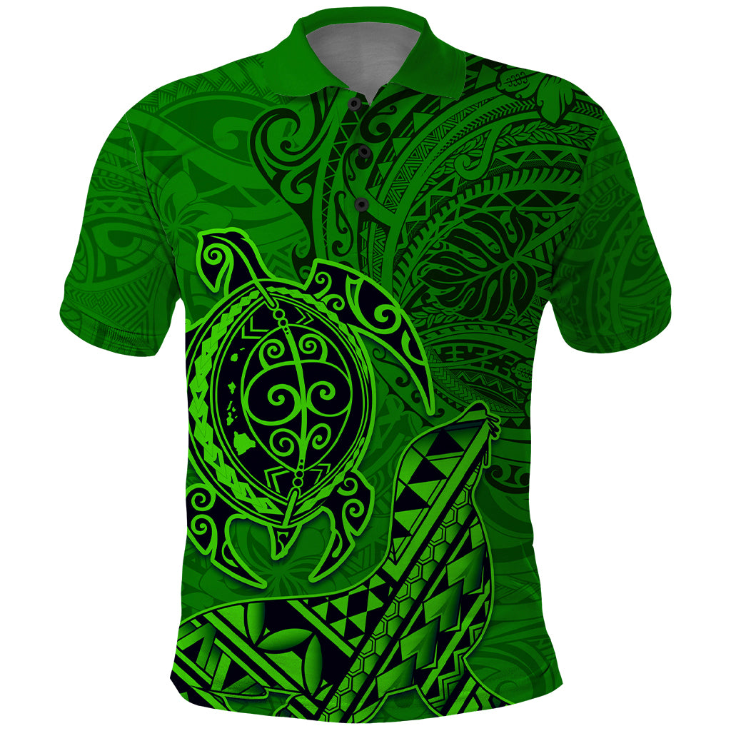 Hawaii Monk Seal and Dolphin Polo Shirt Polynesian Kakau Pattern Green