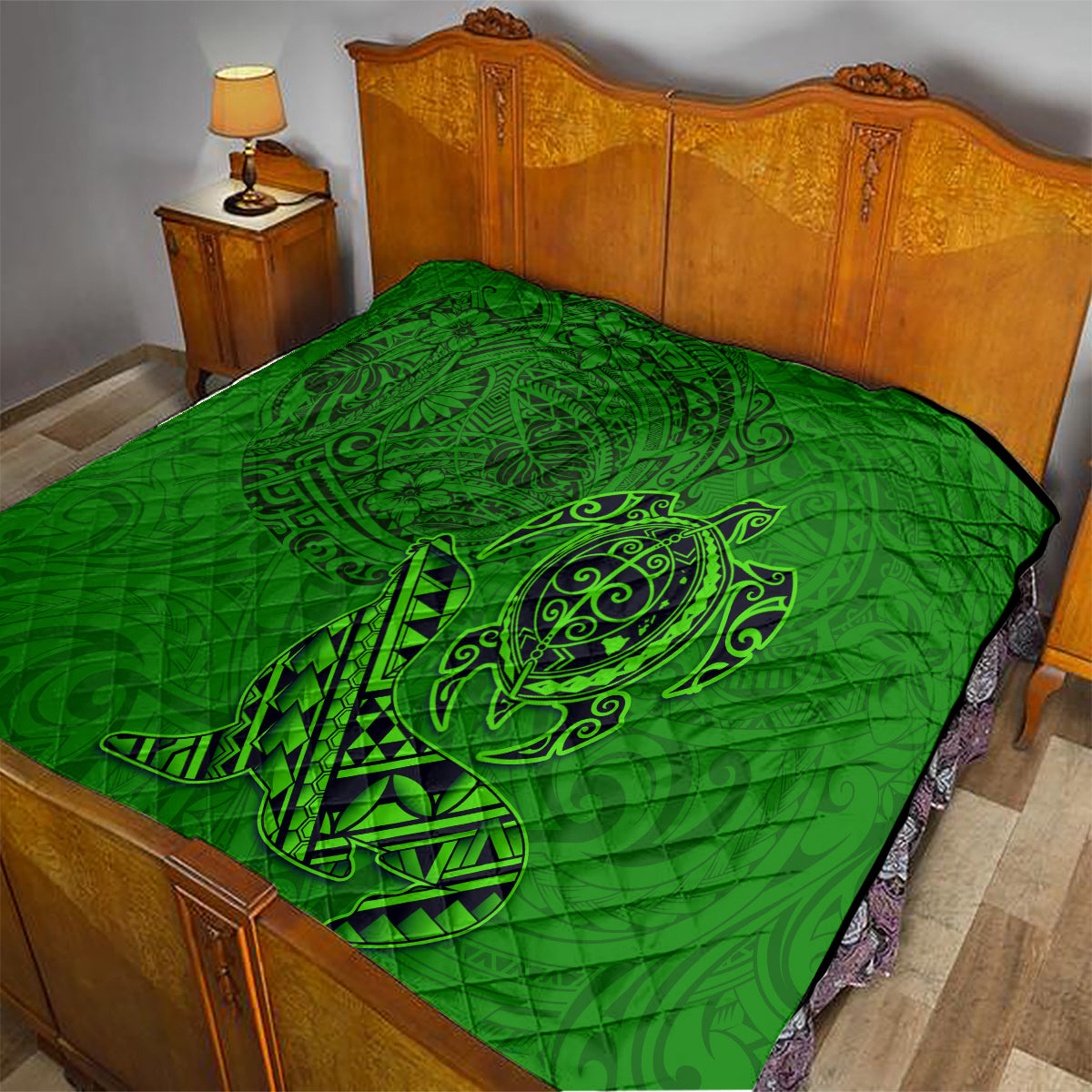 Hawaii Monk Seal and Dolphin Quilt Polynesian Kakau Pattern Green