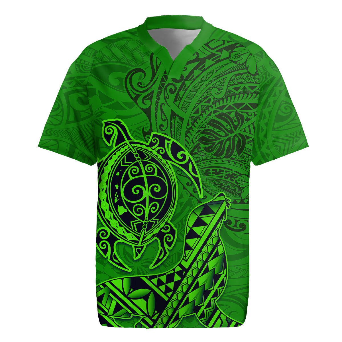 Hawaii Monk Seal and Dolphin Rugby Jersey Polynesian Kakau Pattern Green